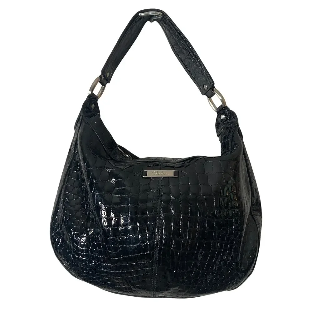 Cole Haan Hobo Bag Womens Black Patent Leather Croc Embossed Y2K Shoulder Purse
